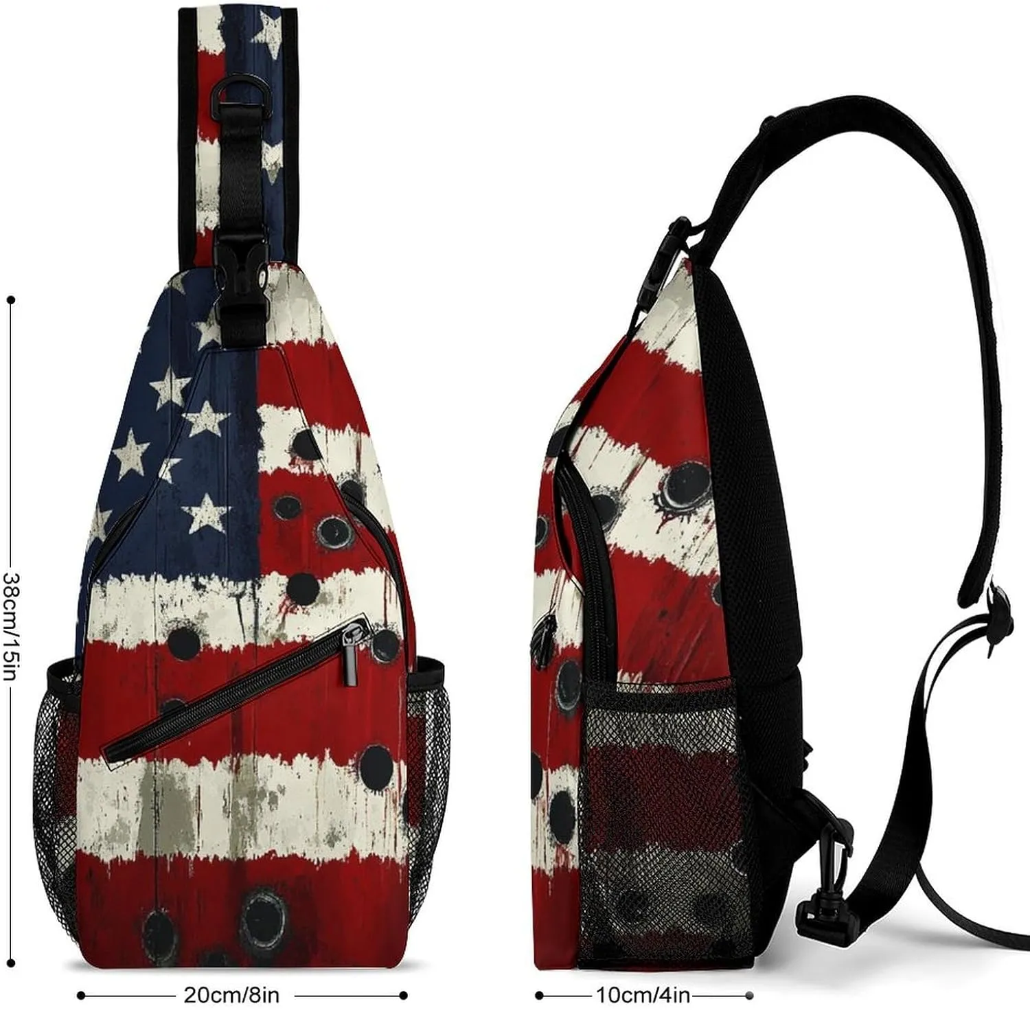 Sling Shoulder Backpack for Men Women Anti-Theft Multipurpose Travel Backpack Camping Outdoor Bag, American Usa Flag War Bullet Hole Crossbody Daypacks Shoulder Packs