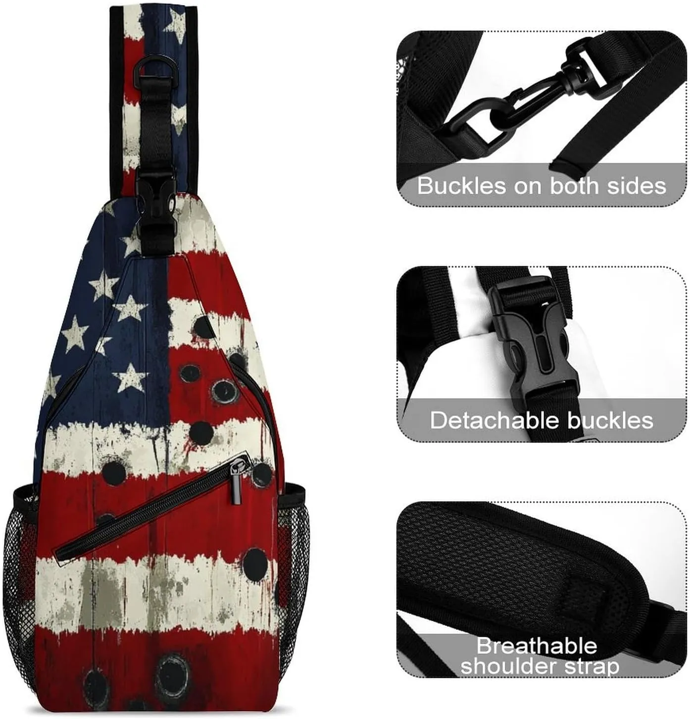 Sling Shoulder Backpack for Men Women Anti-Theft Multipurpose Travel Backpack Camping Outdoor Bag, American Usa Flag War Bullet Hole Crossbody Daypacks Shoulder Packs