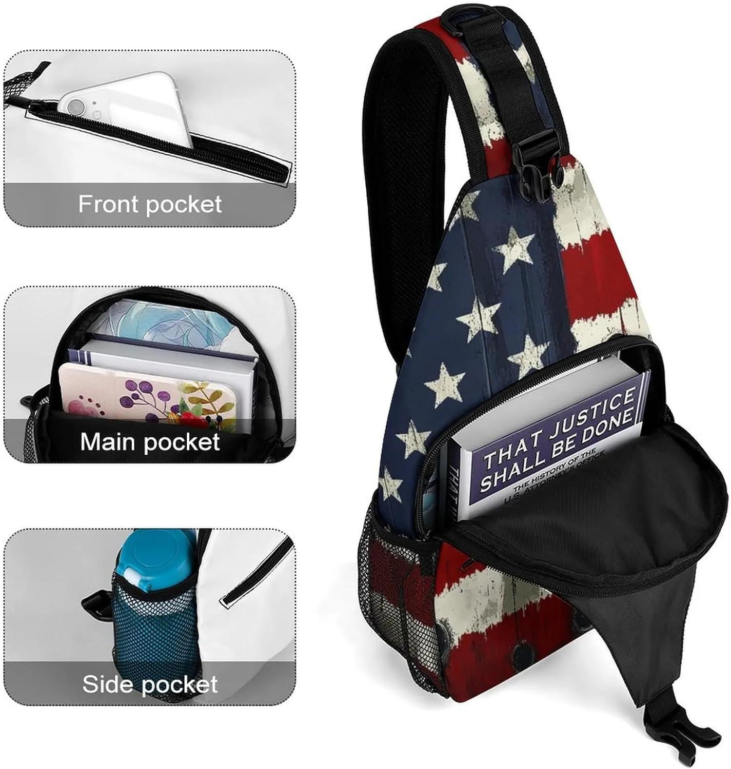 Sling Shoulder Backpack for Men Women Anti-Theft Multipurpose Travel Backpack Camping Outdoor Bag, American Usa Flag War Bullet Hole Crossbody Daypacks Shoulder Packs