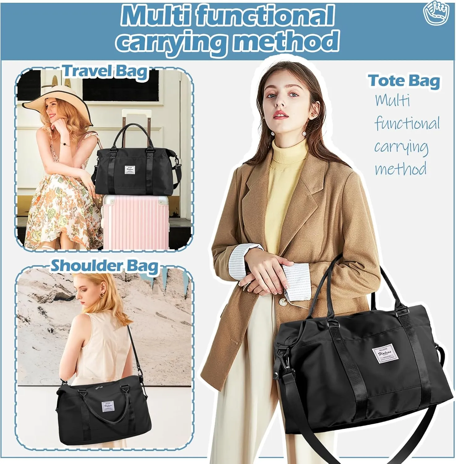 Small Black Gym Bag for Women, Stylish Duffle Travel Bag for Plane, Lightweight Duffle Bag for Women & Men, Sport Gym Tote Bag with Wet Pocket for Yoga, Pilates, Swimming
