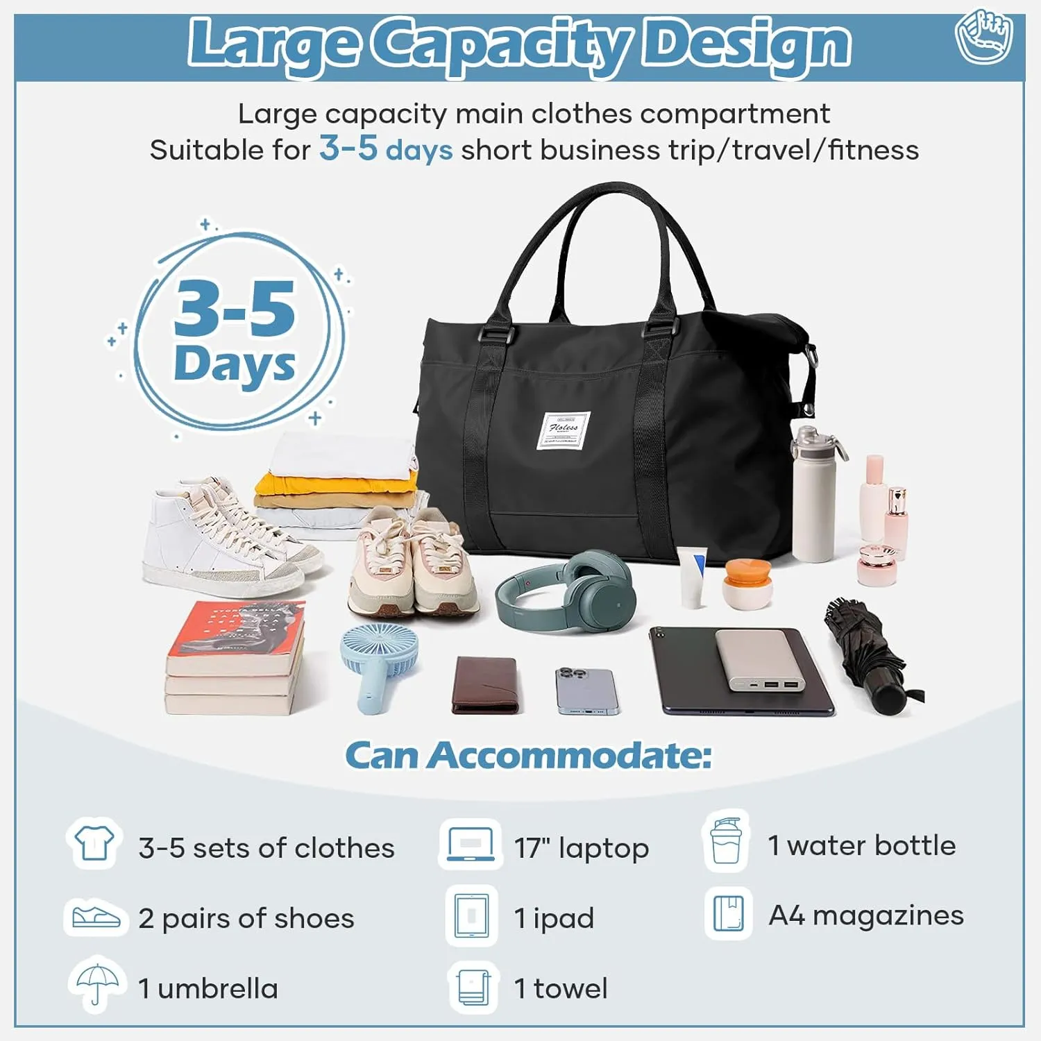 Small Black Gym Bag for Women, Stylish Duffle Travel Bag for Plane, Lightweight Duffle Bag for Women & Men, Sport Gym Tote Bag with Wet Pocket for Yoga, Pilates, Swimming