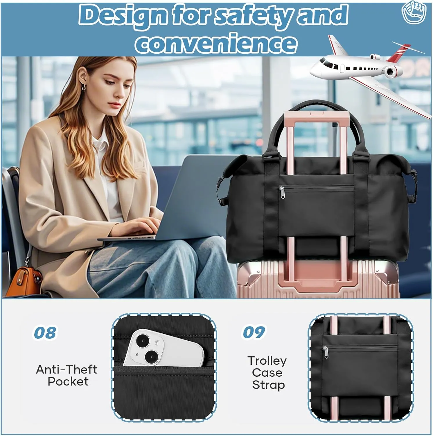 Small Black Gym Bag for Women, Stylish Duffle Travel Bag for Plane, Lightweight Duffle Bag for Women & Men, Sport Gym Tote Bag with Wet Pocket for Yoga, Pilates, Swimming