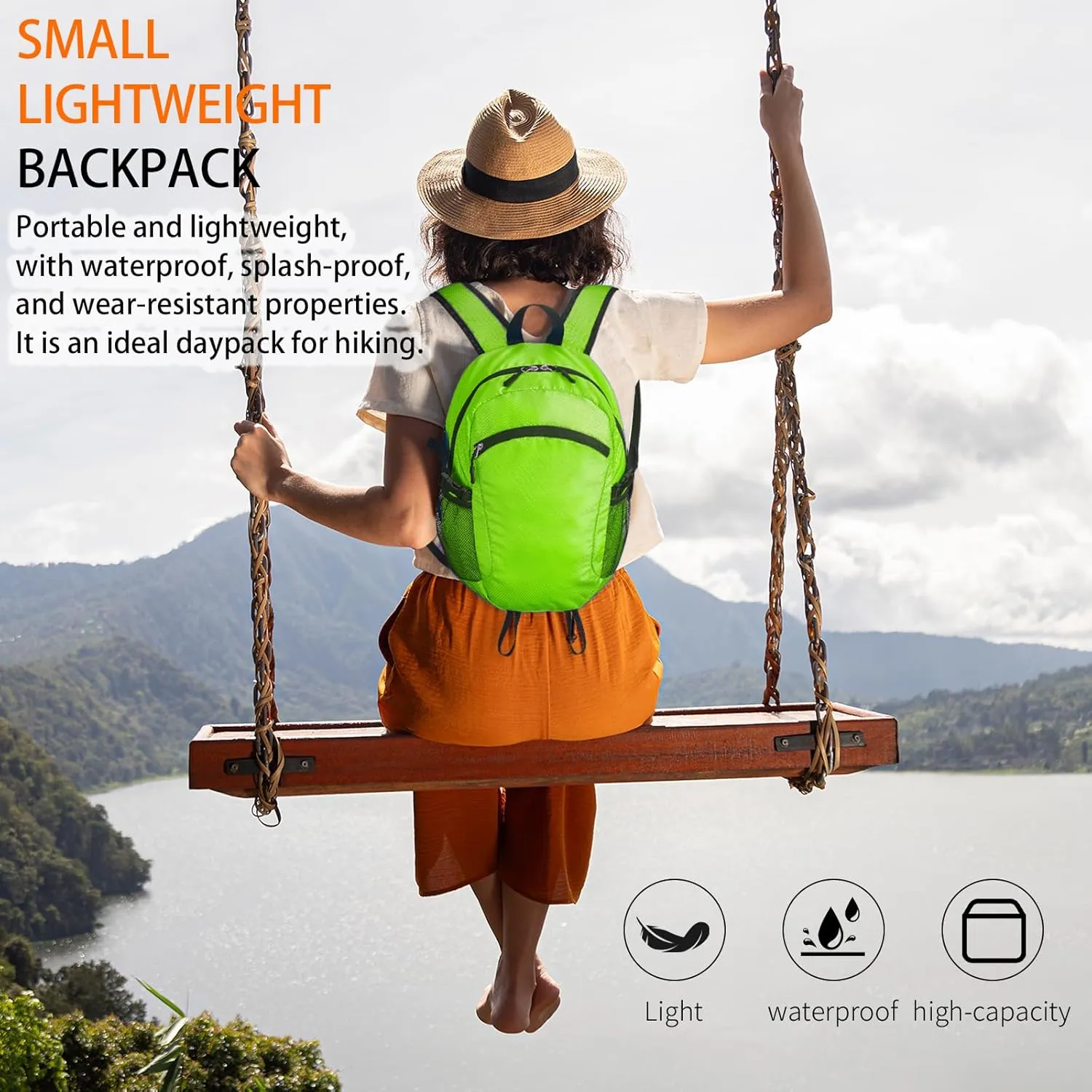 Small Hiking Daypack,15L Waterproof Hiking Backpack Packable Lightweight Travel Day Pack for Women Men (LinghtGreen, Small)