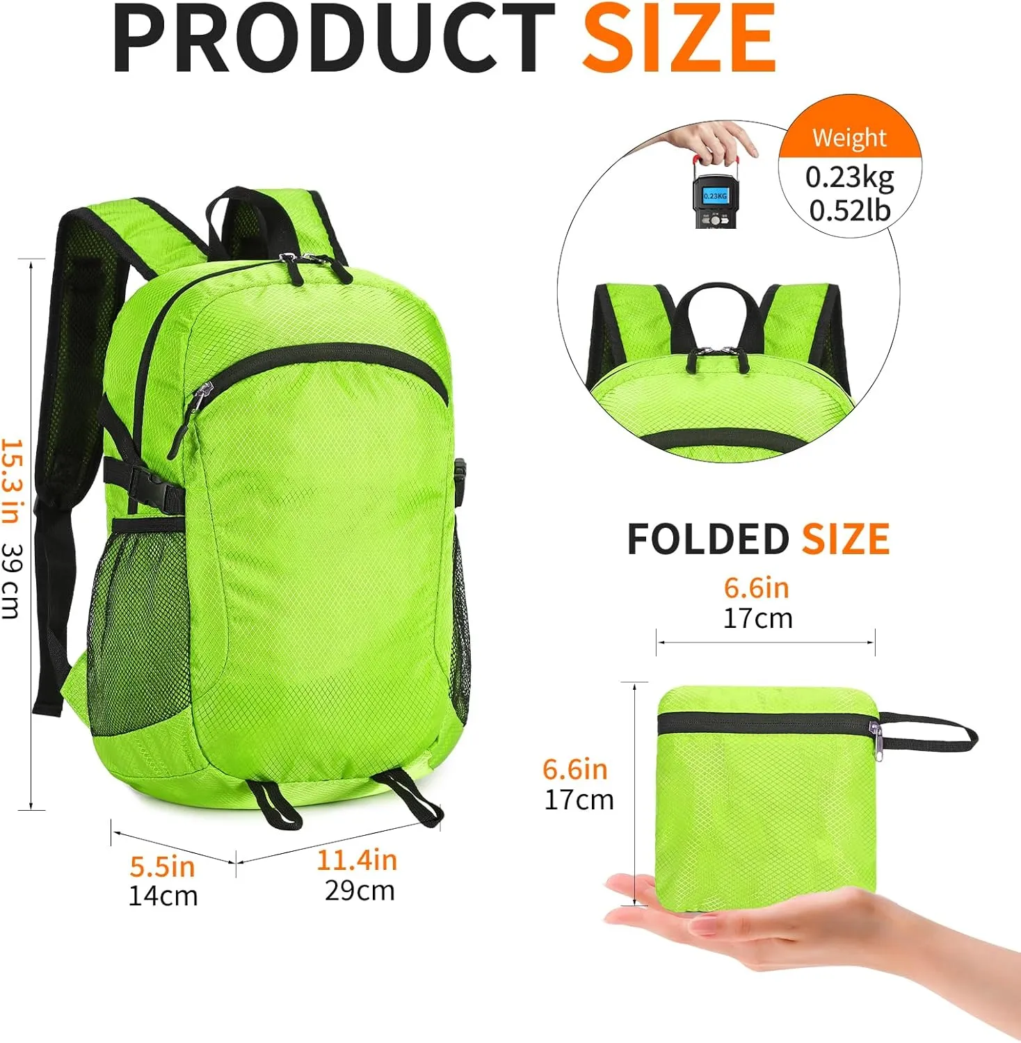 Small Hiking Daypack,15L Waterproof Hiking Backpack Packable Lightweight Travel Day Pack for Women Men (LinghtGreen, Small)