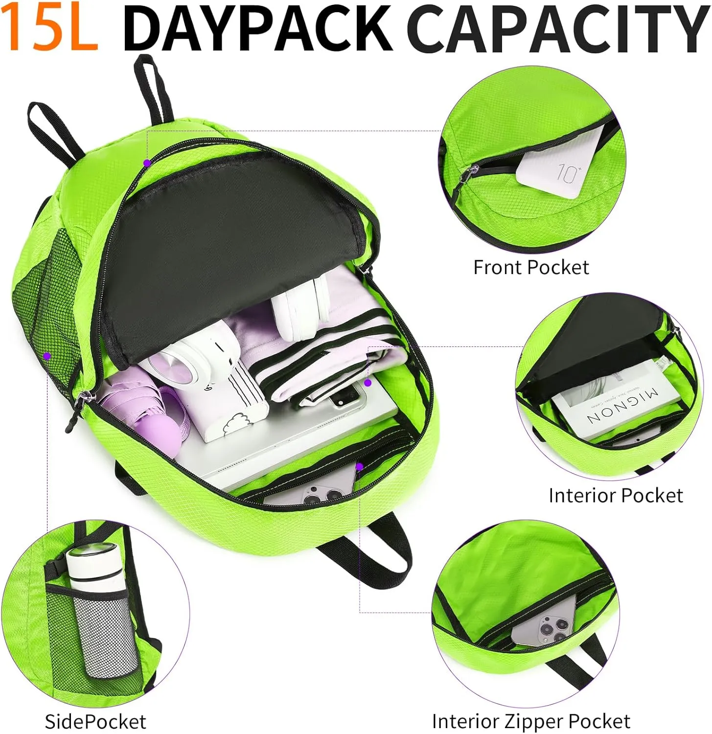 Small Hiking Daypack,15L Waterproof Hiking Backpack Packable Lightweight Travel Day Pack for Women Men (LinghtGreen, Small)