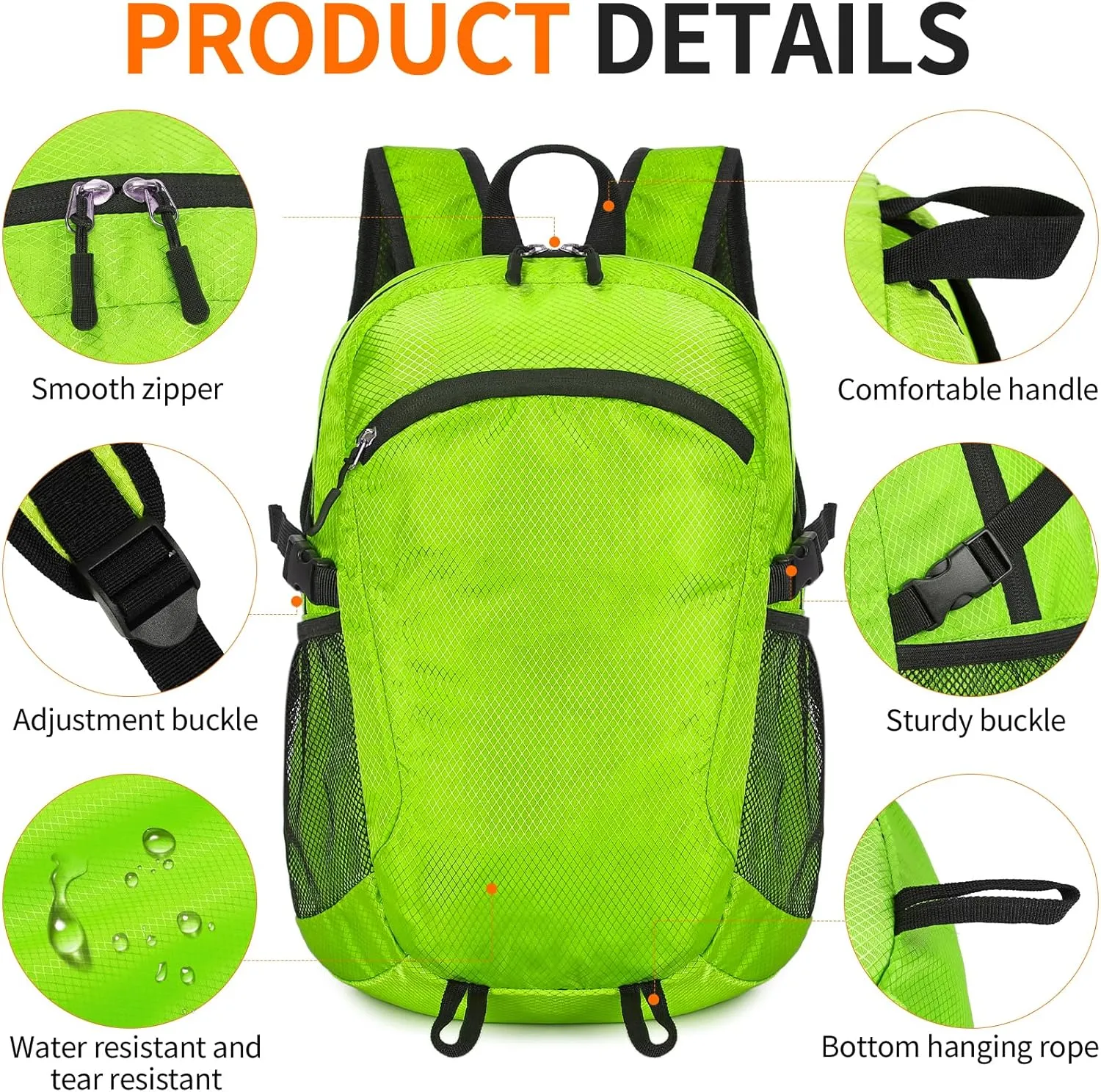 Small Hiking Daypack,15L Waterproof Hiking Backpack Packable Lightweight Travel Day Pack for Women Men (LinghtGreen, Small)