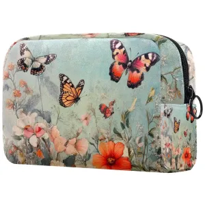 Small Makeup Bag Pouch for Purse, Travel Cosmetic Bag, Portable Toiletry Bag for Women Girls Gifts - Butterflies Flying on Cosmos Flowers