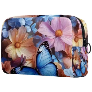 Small Makeup Bag Pouch for Purse, Travel Cosmetic Bag, Portable Toiletry Bag for Women Girls Gifts - Colored Cosmos Flower Butterfly