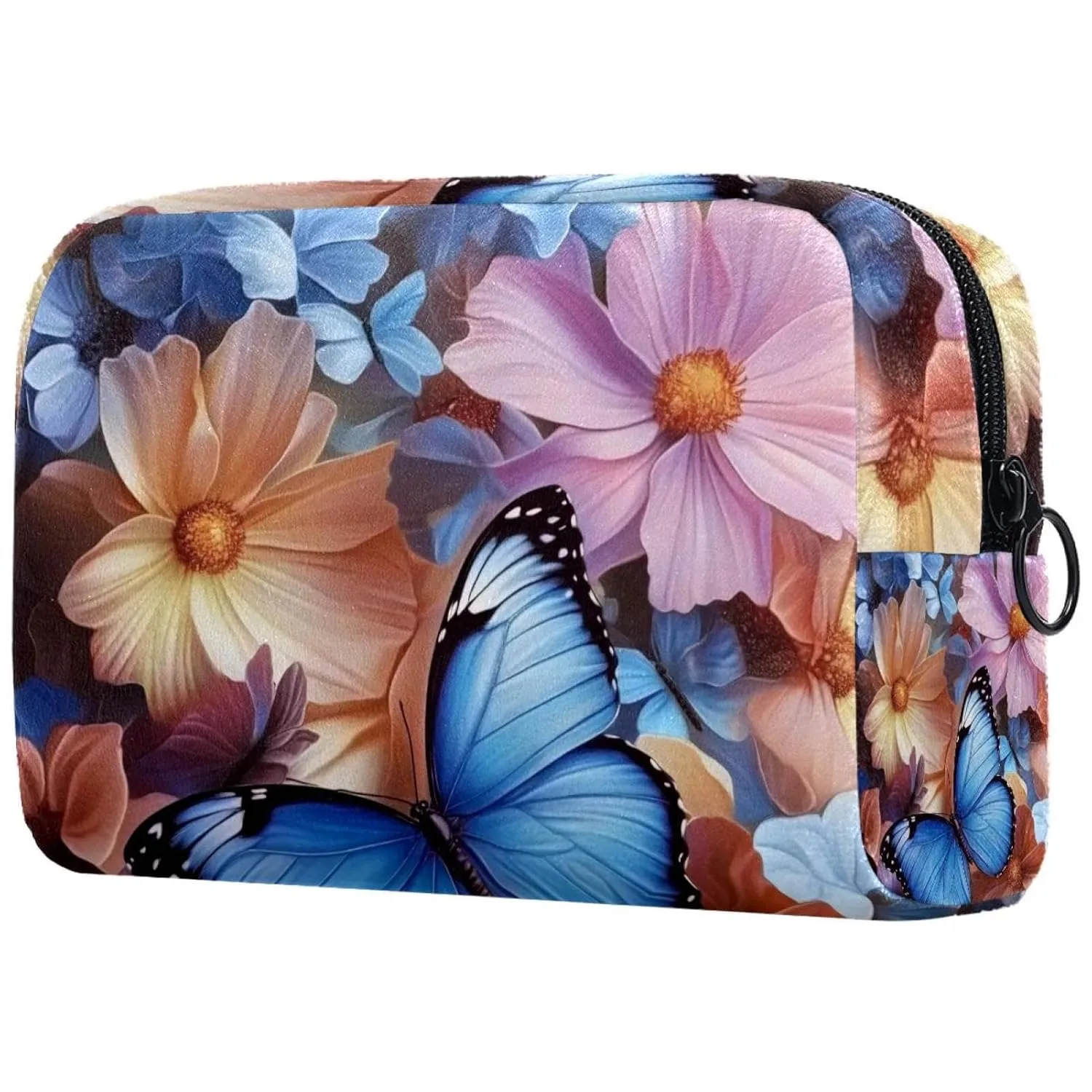 Small Makeup Bag Pouch for Purse, Travel Cosmetic Bag, Portable Toiletry Bag for Women Girls Gifts - Colored Cosmos Flower Butterfly