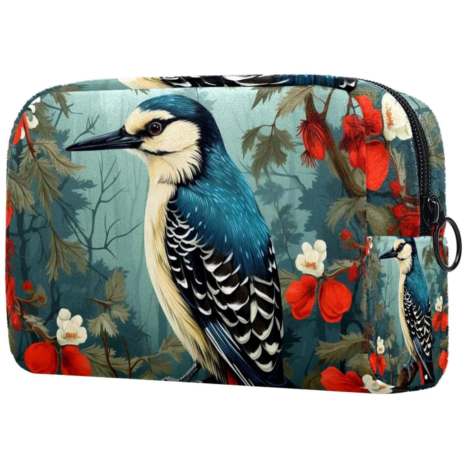 Small Makeup Bag Pouch for Purse, Travel Cosmetic Bag, Portable Toiletry Bag for Women Girls Gifts - Woodpecker Bird on Red Berries Branch