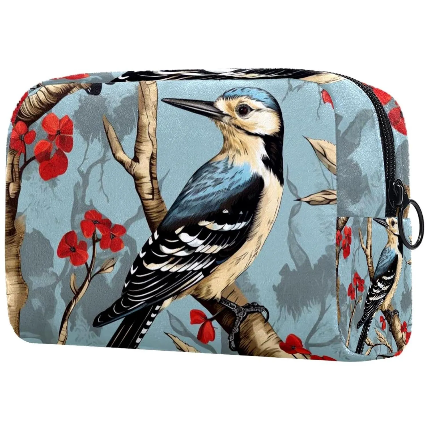 Small Makeup Bag Pouch for Purse, Travel Cosmetic Bag, Portable Toiletry Bag for Women Girls Gifts - Woodpecker Bird on Red Berries Branch