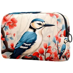 Small Makeup Bag Pouch for Purse, Travel Cosmetic Bag, Portable Toiletry Bag for Women Girls Gifts - Woodpecker Bird on Red Berries Branch
