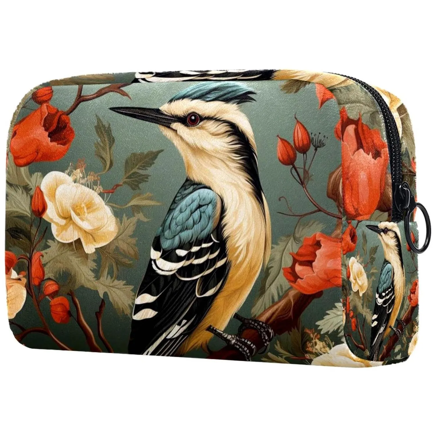 Small Makeup Bag Pouch for Purse, Travel Cosmetic Bag, Portable Toiletry Bag for Women Girls Gifts - Woodpecker Bird on Red Berries Branch