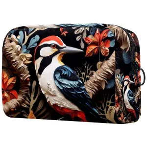 Small Makeup Bag Pouch for Purse, Travel Cosmetic Bag, Portable Toiletry Bag for Women Girls Gifts - Woodpecker Bird on Red Berries Branch