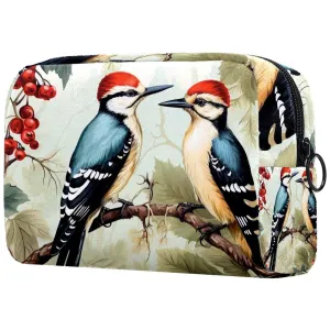 Small Makeup Bag Pouch for Purse, Travel Cosmetic Bag, Portable Toiletry Bag for Women Girls Gifts - Woodpecker Bird on Red Berries Branch
