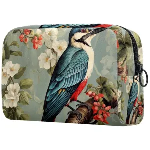 Small Makeup Bag Pouch for Purse, Travel Cosmetic Bag, Portable Toiletry Bag for Women Girls Gifts - Woodpecker Bird on Red Berries Branch