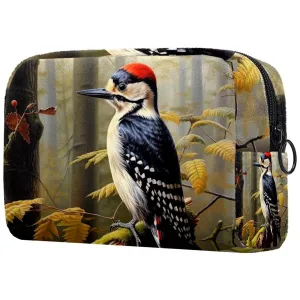 Small Makeup Bag Pouch for Purse, Travel Cosmetic Bag, Portable Toiletry Bag for Women Girls Gifts - Woodpecker Bird on Red Berries Branch