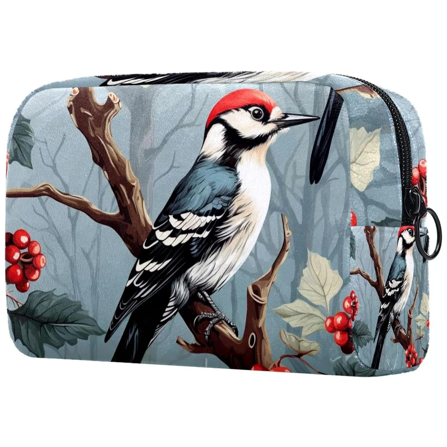 Small Makeup Bag Pouch for Purse, Travel Cosmetic Bag, Portable Toiletry Bag for Women Girls Gifts - Woodpecker Bird on Red Berries Branch
