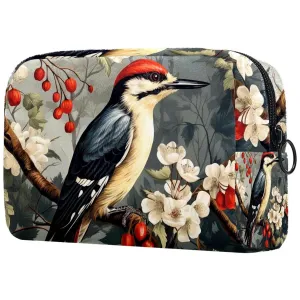 Small Makeup Bag Pouch for Purse, Travel Cosmetic Bag, Portable Toiletry Bag for Women Girls Gifts - Woodpecker Bird on Red Berries Branch