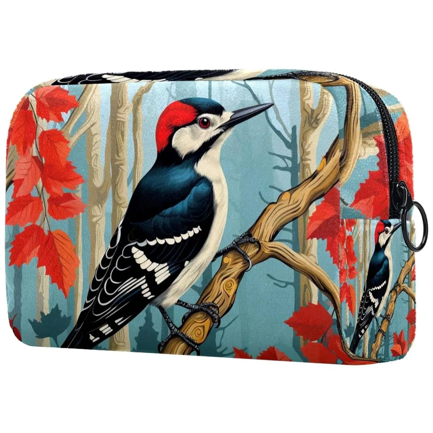Small Makeup Bag Pouch for Purse, Travel Cosmetic Bag, Portable Toiletry Bag for Women Girls Gifts - Woodpecker Bird on Red Berries Branch