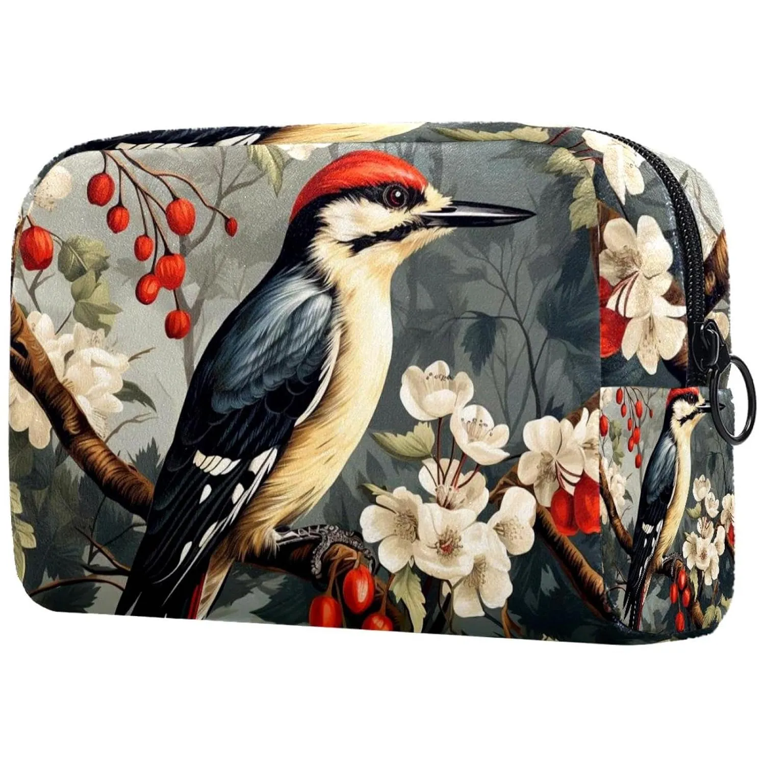 Small Makeup Bag Pouch for Purse, Travel Cosmetic Bag, Portable Toiletry Bag for Women Girls Gifts - Woodpecker Bird on Red Berries Branch