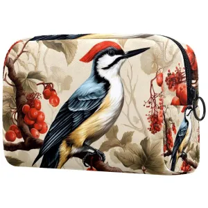 Small Makeup Bag Pouch for Purse, Travel Cosmetic Bag, Portable Toiletry Bag for Women Girls Gifts - Woodpecker Bird on Red Berries Branch