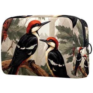 Small Makeup Bag Pouch for Purse, Travel Cosmetic Bag, Portable Toiletry Bag for Women Girls Gifts - Woodpecker Bird on Red Berries Branch