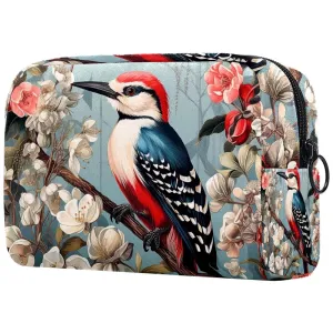 Small Makeup Bag Pouch for Purse, Travel Cosmetic Bag, Portable Toiletry Bag for Women Girls Gifts - Woodpecker Bird on Red Berries Branch