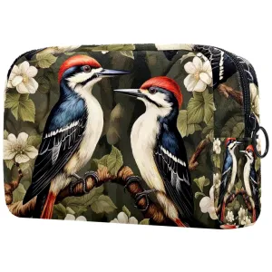 Small Makeup Bag Pouch for Purse, Travel Cosmetic Bag, Portable Toiletry Bag for Women Girls Gifts - Woodpecker Bird on Red Berries Branch