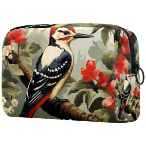 Small Makeup Bag Pouch for Purse, Travel Cosmetic Bag, Portable Toiletry Bag for Women Girls Gifts - Woodpecker Bird on Red Berries Branch