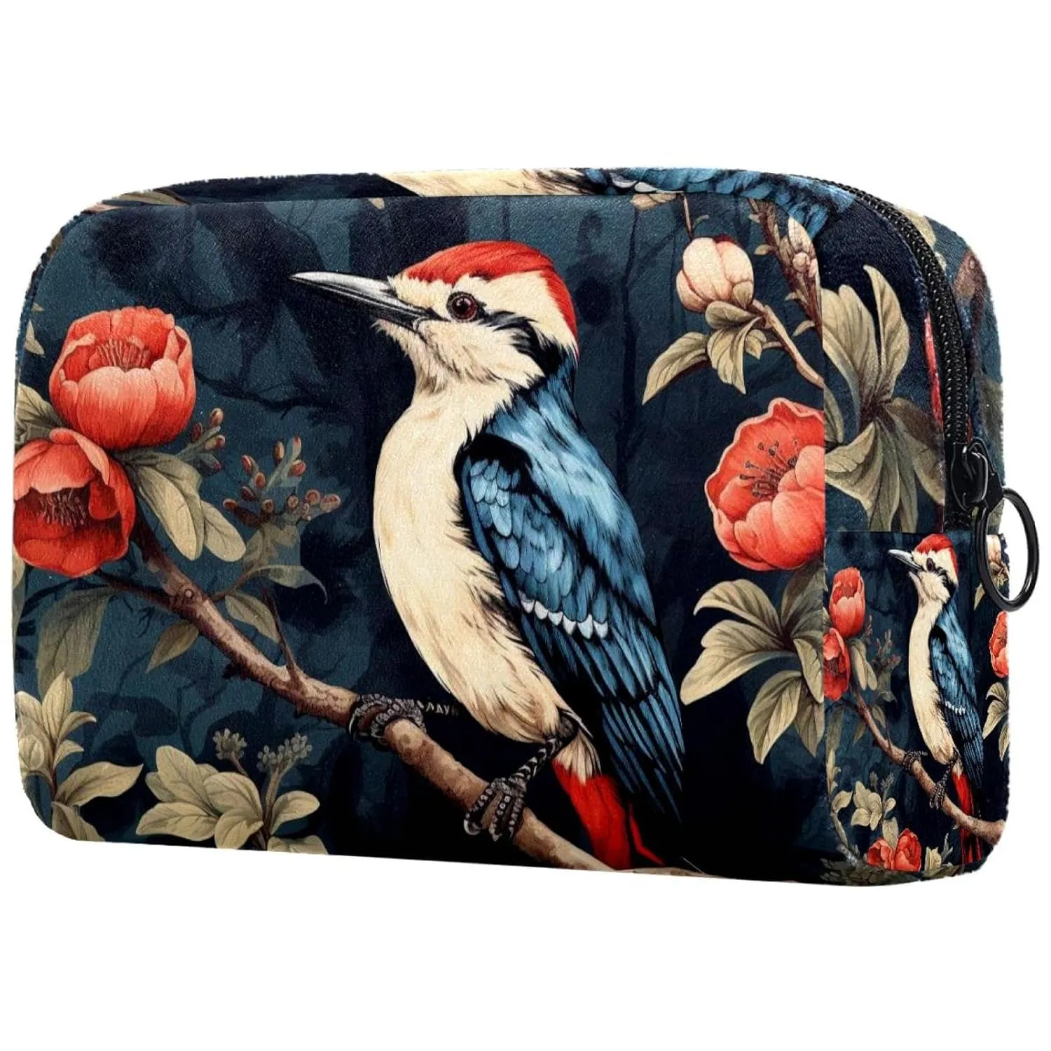 Small Makeup Bag Pouch for Purse, Travel Cosmetic Bag, Portable Toiletry Bag for Women Girls Gifts - Woodpecker Bird on Red Berries Branch