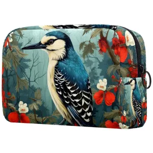 Small Makeup Bag Pouch for Purse, Travel Cosmetic Bag, Portable Toiletry Bag for Women Girls Gifts - Woodpecker Bird on Red Berries Branch