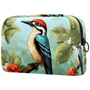 Small Makeup Bag Pouch for Purse, Travel Cosmetic Bag, Portable Toiletry Bag for Women Girls Gifts - Woodpecker Bird on Red Berries Branch