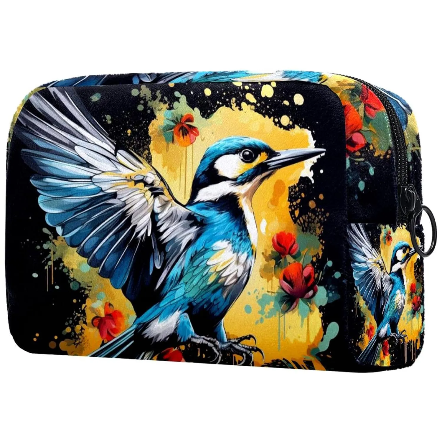 Small Makeup Bag Pouch for Purse, Travel Cosmetic Bag, Portable Toiletry Bag for Women Girls Gifts - Woodpecker Bird on Red Berries Branch