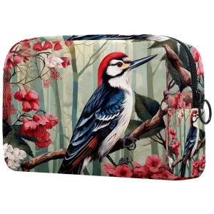 Small Makeup Bag Pouch for Purse, Travel Cosmetic Bag, Portable Toiletry Bag for Women Girls Gifts - Woodpecker Bird on Red Berries Branch