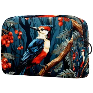 Small Makeup Bag Pouch for Purse, Travel Cosmetic Bag, Portable Toiletry Bag for Women Girls Gifts - Woodpecker Bird on Red Berries Branch