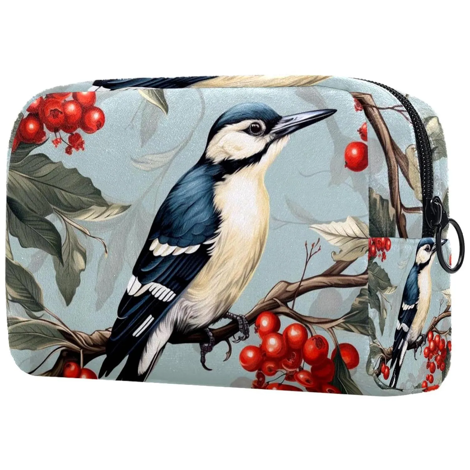 Small Makeup Bag Pouch for Purse, Travel Cosmetic Bag, Portable Toiletry Bag for Women Girls Gifts - Woodpecker Bird on Red Berries Branch