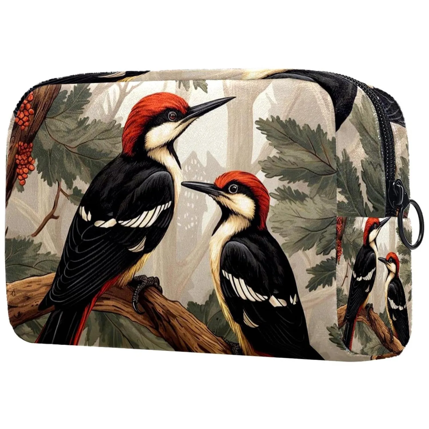 Small Makeup Bag Pouch for Purse, Travel Cosmetic Bag, Portable Toiletry Bag for Women Girls Gifts - Woodpecker Bird on Red Berries Branch