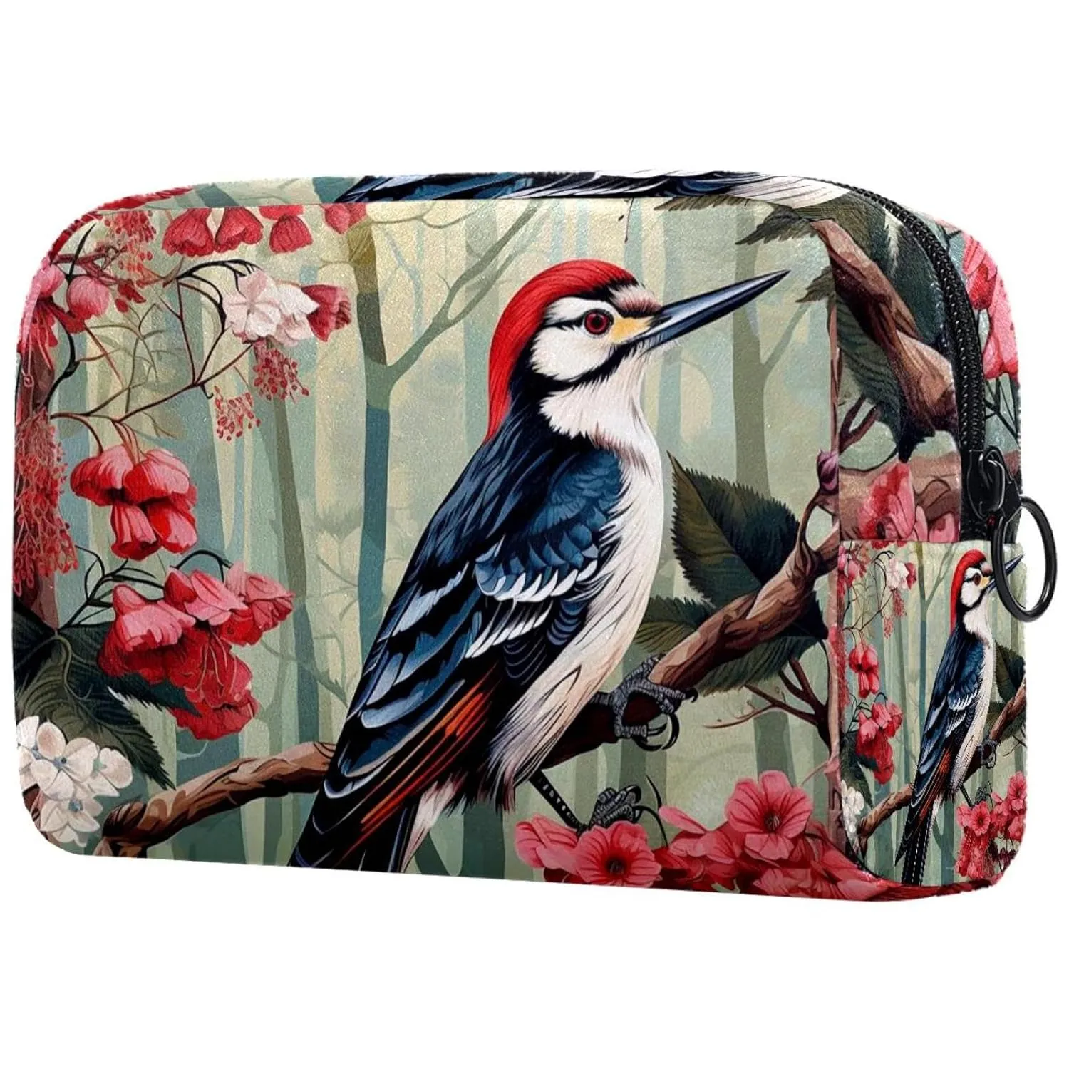 Small Makeup Bag Pouch for Purse, Travel Cosmetic Bag, Portable Toiletry Bag for Women Girls Gifts - Woodpecker Bird on Red Berries Branch