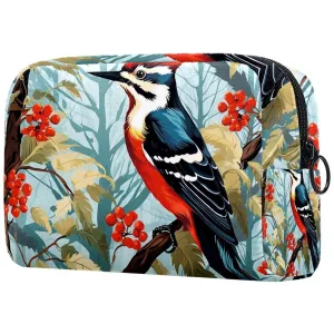 Small Makeup Bag Pouch for Purse, Travel Cosmetic Bag, Portable Toiletry Bag for Women Girls Gifts - Woodpecker Bird on Red Berries Branch