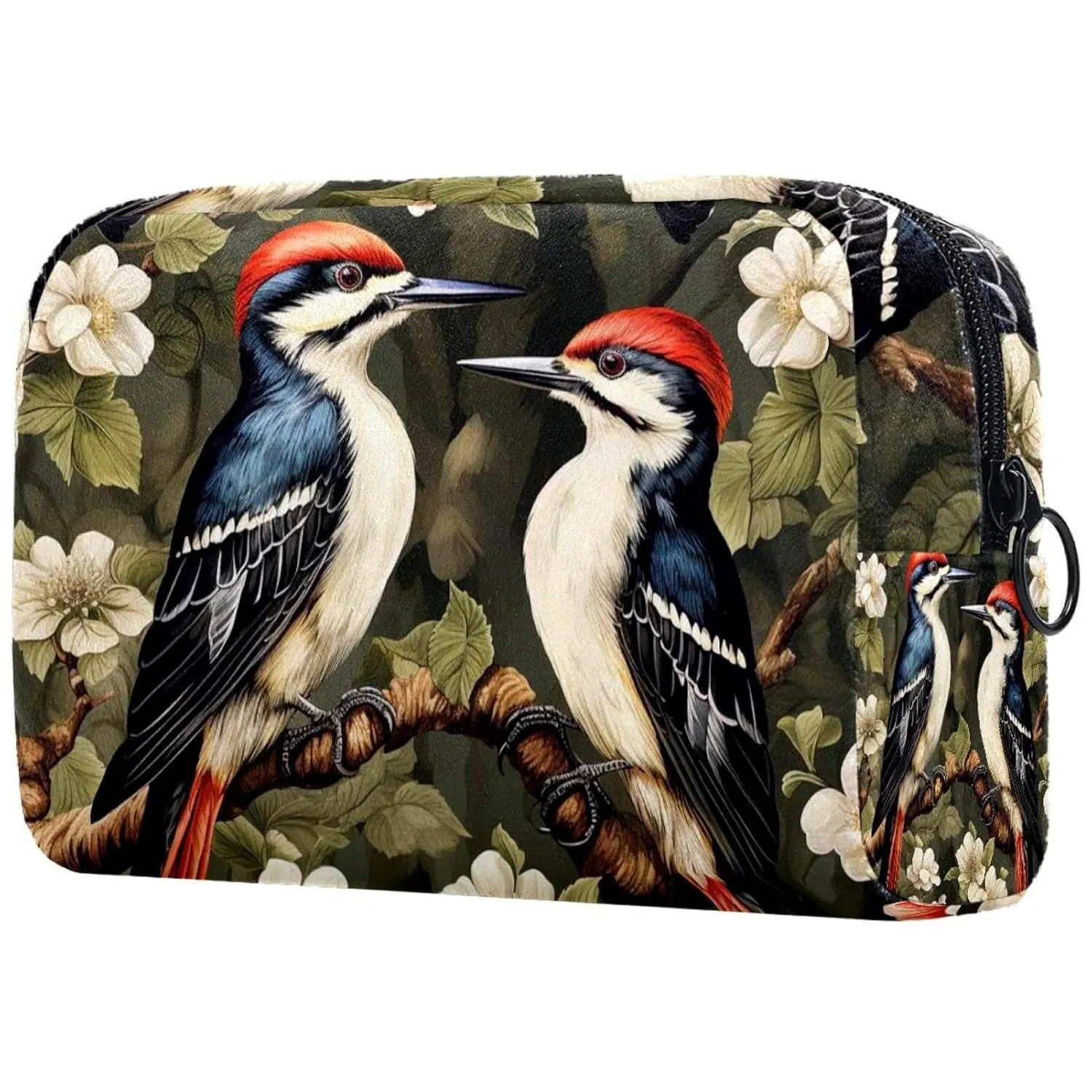 Small Makeup Bag Pouch for Purse, Travel Cosmetic Bag, Portable Toiletry Bag for Women Girls Gifts - Woodpecker Bird on Red Berries Branch