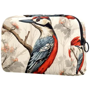 Small Makeup Bag Pouch for Purse, Travel Cosmetic Bag, Portable Toiletry Bag for Women Girls Gifts - Woodpecker Bird on Red Berries Branch