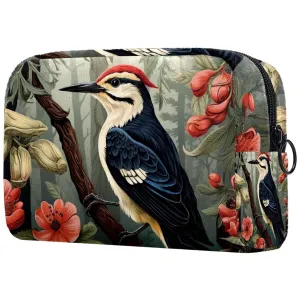 Small Makeup Bag Pouch for Purse, Travel Cosmetic Bag, Portable Toiletry Bag for Women Girls Gifts - Woodpecker Bird on Red Berries Branch