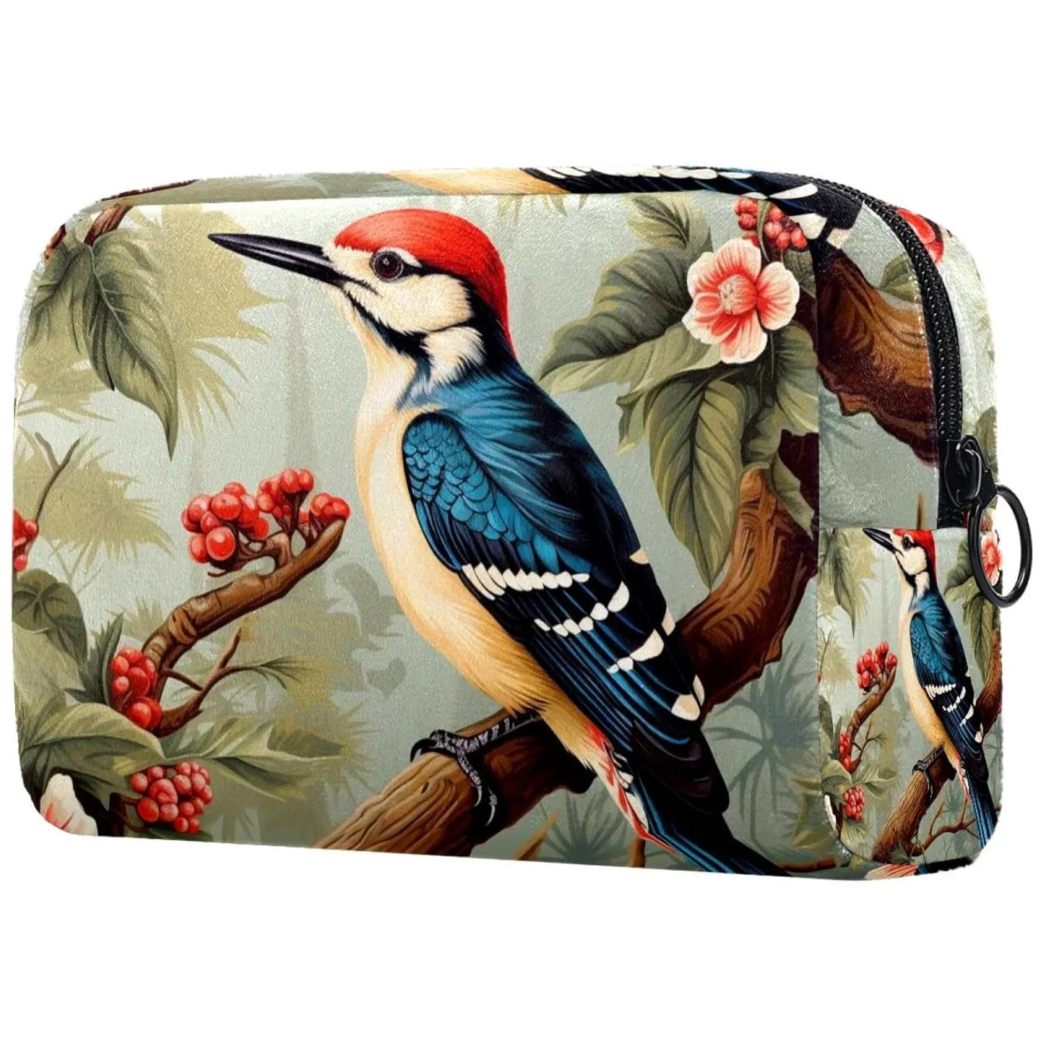 Small Makeup Bag Pouch for Purse, Travel Cosmetic Bag, Portable Toiletry Bag for Women Girls Gifts - Woodpecker Bird on Red Berries Branch