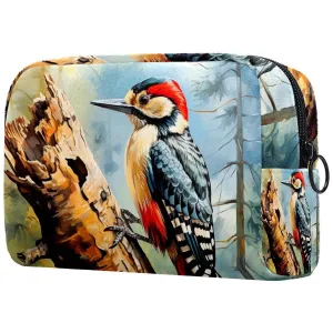 Small Makeup Bag Pouch for Purse, Travel Cosmetic Bag, Portable Toiletry Bag for Women Girls Gifts - Woodpecker Bird on Red Berries Branch