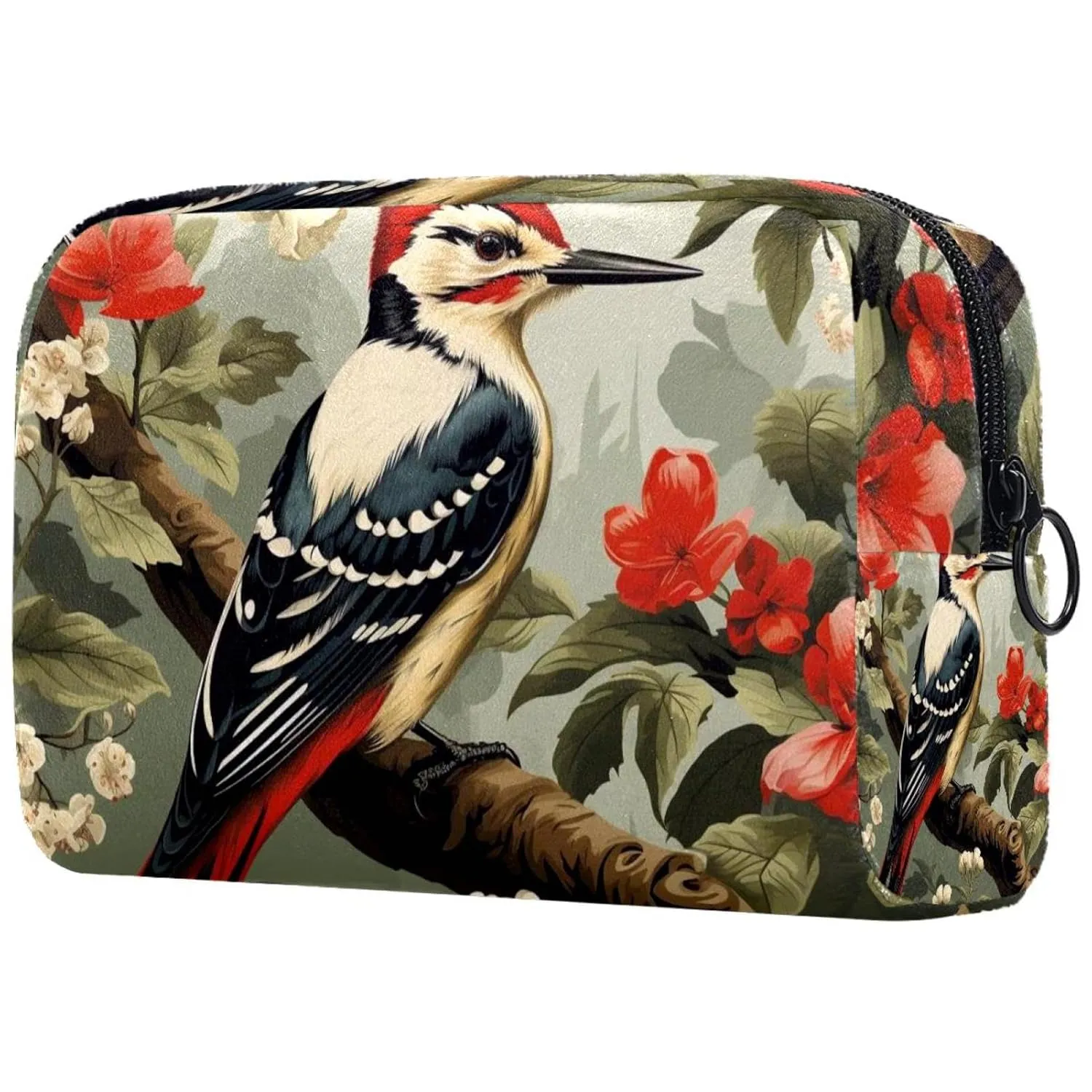 Small Makeup Bag Pouch for Purse, Travel Cosmetic Bag, Portable Toiletry Bag for Women Girls Gifts - Woodpecker Bird on Red Berries Branch