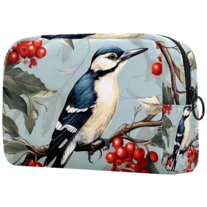 Small Makeup Bag Pouch for Purse, Travel Cosmetic Bag, Portable Toiletry Bag for Women Girls Gifts - Woodpecker Bird on Red Berries Branch