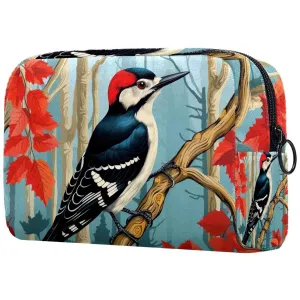 Small Makeup Bag Pouch for Purse, Travel Cosmetic Bag, Portable Toiletry Bag for Women Girls Gifts - Woodpecker Bird on Red Berries Branch