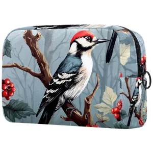 Small Makeup Bag Pouch for Purse, Travel Cosmetic Bag, Portable Toiletry Bag for Women Girls Gifts - Woodpecker Bird on Red Berries Branch