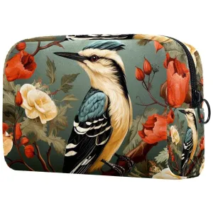 Small Makeup Bag Pouch for Purse, Travel Cosmetic Bag, Portable Toiletry Bag for Women Girls Gifts - Woodpecker Bird on Red Berries Branch